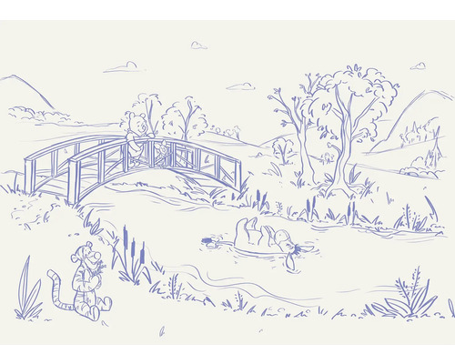 Illustration avec Winnie l''ourson, Porcinet, Bourriquet et Tigrou dans un environnement naturel avec des arbres, des collines et une rivière