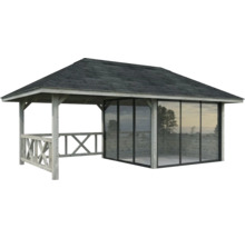 Pavillon de jardin avec poutres en bois, clôture en bois et parois en verre