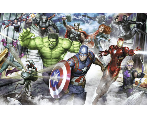Illustration des Avengers avec Hulk, Captain America, Iron Man, Thor, Black Widow, Hawkeye, Black Panther, Vision, War Machine, Ant-Man et Falcon devant des gratte-ciel