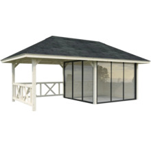 Pavillon de jardin avec portes coulissantes en verre, clôture en bois et carton bitumé