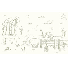 Illustration de Winnie l''ourson et Porcinet dans un paysage avec des arbres et des pots de miel