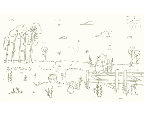 Illustration de Winnie l''ourson et Porcinet dans un paysage avec des arbres et des pots de miel