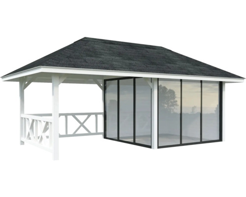 Pavillon Tonnelle Palmako 588 x 300 mm blanc Pavillon blanc avec paroi coulissante en verre et toit en tuiles