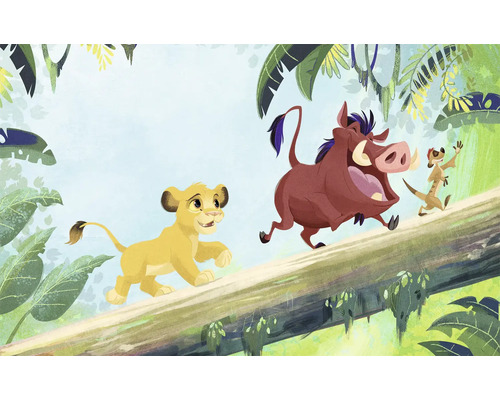 Illustration von Simba, Pumbaa und Timon aus Der König der Löwen, die auf einem Baumstamm laufen.