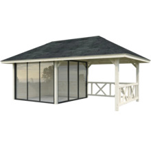 Pavillon de jardin avec espace fermé et ouvert, construction en bois et bardeaux de toiture