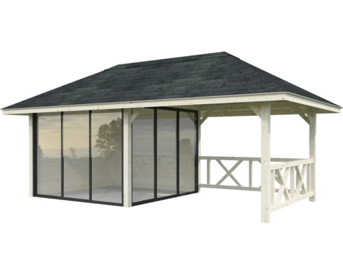 Pavillon de jardin avec espace fermé et ouvert, construction en bois et bardeaux de toiture