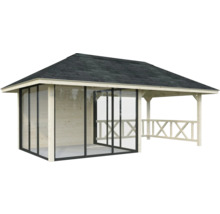 Pavillon de jardin avec parois coulissantes en verre et clôture en bois