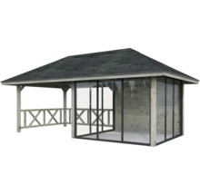 Pavillon de jardin en bois avec toit et parois coulissantes en verre