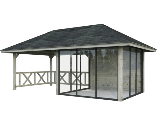 Pavillon de jardin en bois avec toit et parois coulissantes en verre