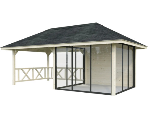 Pavillon en bois avec parois en verre et carton bitumé