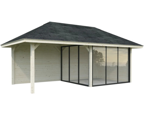 Abri de jardin en bois avec façade en verre et espace couvert