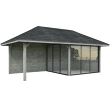 Abri de jardin en bois avec toit et portes coulissantes en verre