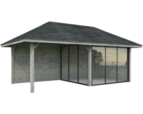 Abri de jardin en bois avec toit et portes coulissantes en verre