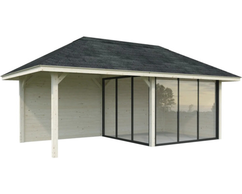 Maison de jardin en bois avec façade en verre et toit