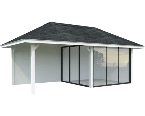 Pavillon de jardin avec toit et portes coulissantes en verre
