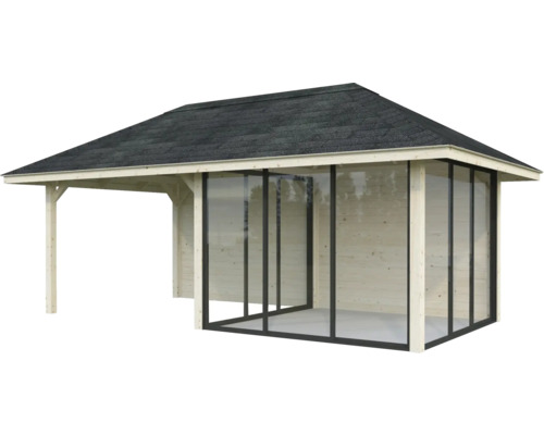 Pavillon en bois avec parois coulissantes en verre et bardeaux de toiture