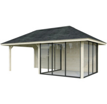 Pavillon de jardin en bois avec façade en verre et véranda couverte