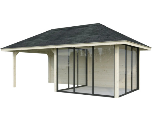 Pavillon Tonnelle Palmako 588 x 300 mm bois Pavillon de jardin en bois avec façade en verre et véranda couverte