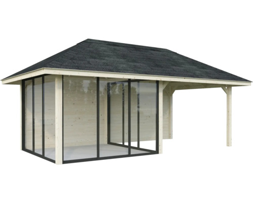 Abri de jardin avec façade en verre et toit