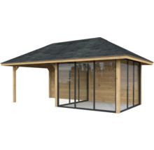 Pavillon en bois avec toit et parois en verre