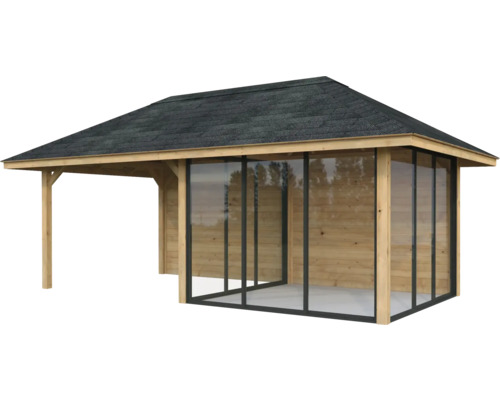 Pavillon en bois avec toit et parois en verre