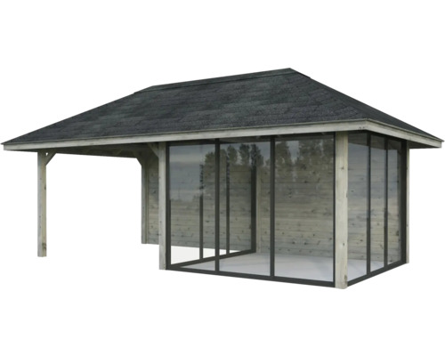 Pavillon en bois avec toit et façades en verre