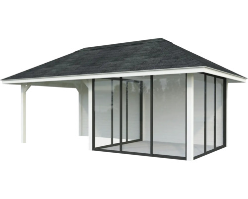 Pavillon indépendant avec toit et éléments en verre pour le jardin.
