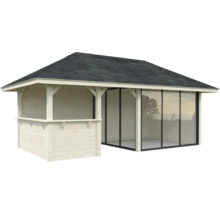 Pavillon de jardin avec murs en bois, façade en verre et toit