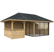 Pavillon de jardin en bois avec fenêtres et carton bitumé
