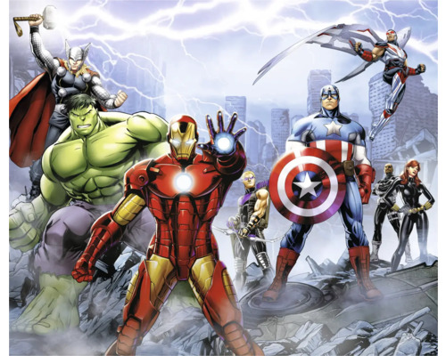 Illustration du groupe de super-héros Avengers avec Thor, Hulk, Iron Man, Hawkeye, Captain America, Falcon, Black Widow