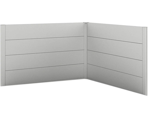 Brise-vue biohort pour Belvedere forme en L 2 pièces L150 argent métallique Vue en angle d''un pare-vue composé de panneaux horizontaux