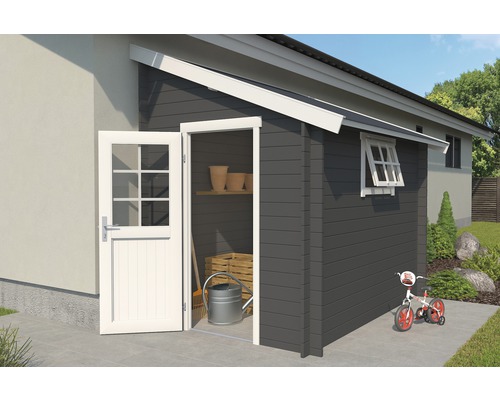 Gartenhaus mit geöffneter Tür und Fenster zur Gartenseite