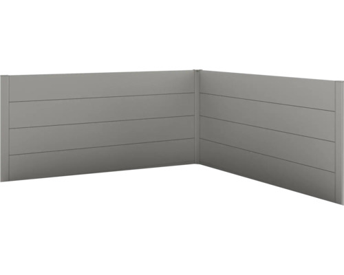 biohort Sichtschutz für Belvedere L-Form 2 Stück L200 quarzgrau-metallic Winkelansicht eines grauen Sichtschutzzauns aus Aluminium
