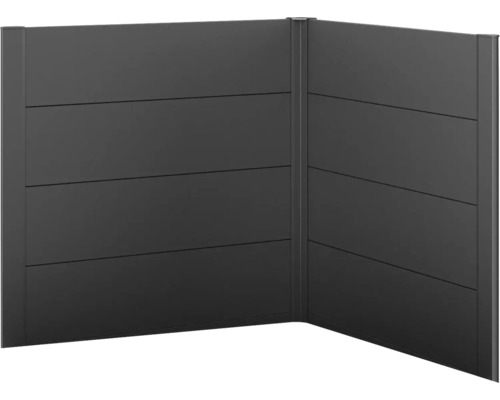 biohort Sichtschutz für Belvedere L-Form 2 Stück L100 dunkelgrau-metallic Eckansicht eines modernen Gartenzauns aus horizontalen Elementen und Pfosten.