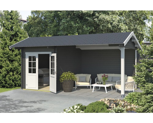 Gartenhaus mit überdachter Terrasse und Gartenmöbeln im Aussenbereich.