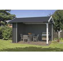 Abri de jardin en bois avec barbecue et meubles de jardin sur pelouse