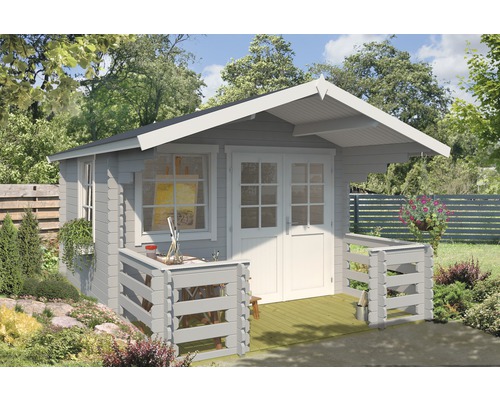 Gartenhaus Lola 2 inkl. Fussboden, Blumenkasten, Terrasse 340,4 x 470 cm lichtgrau