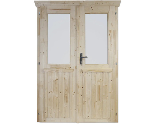 Double porte en bois avec vitrages et poignée en métal