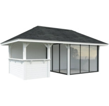 Pavillon blanc avec façade en verre et toit foncé