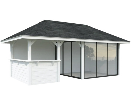 Pavillon blanc avec façade en verre et toit foncé