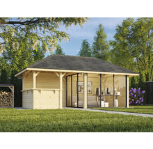 Maison de jardin en bois avec équipement de bureau dans le jardin