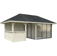 Pavillon de jardin en bois avec toit en bardeaux et parois en verre