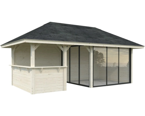 Pavillon de jardin en bois avec toit en bardeaux et parois en verre