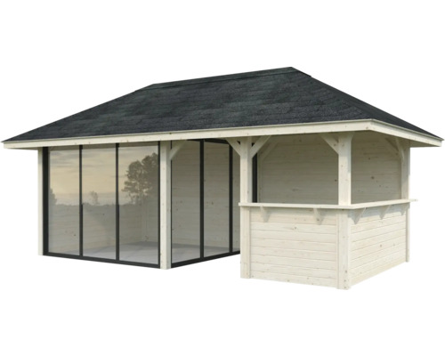 Pavillon en bois avec façade en verre et bar