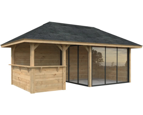 Pavillon Tonnelle Palmako 588 x 300 mm bois brun Pavillon de jardin en bois avec portes coulissantes en verre et carton bitumé