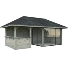 Pavillon de jardin en bois avec toit en bardeau et façade vitrée