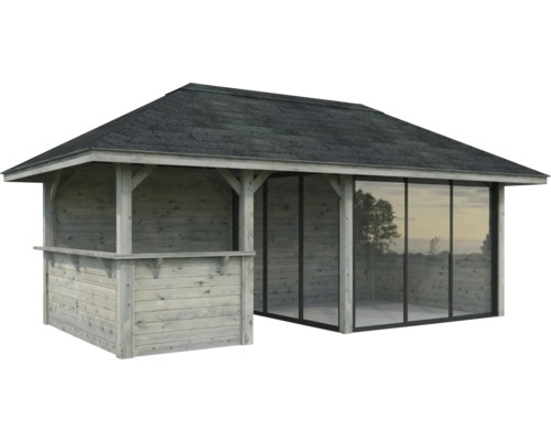 Pavillon Tonnelle Palmako 588 x 300 mm bois gris Pavillon de jardin en bois avec toit en bardeau et façade vitrée
