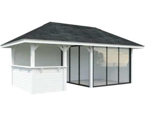 Pavillon de jardin avec toit et paroi coulissante en verre