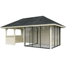 Pavillon de jardin en bois avec toit et portes coulissantes en verre