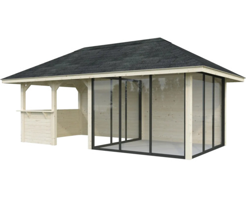 Pavillon de jardin en bois avec toit et portes coulissantes en verre